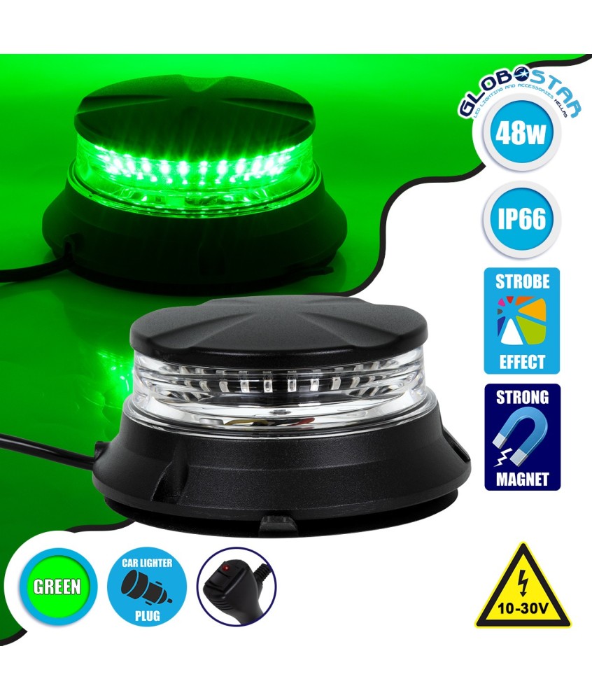 GloboStar® 85169 PRO Series Φάρος Σήμανσης Οχήματος Security - Ασφαλείας για Αυτοκίνητα & Φορτηγά 6 Προγραμμάτων Φωτισμού STROBE LED SMD 3030 48W DC 10-30V Αδιάβροχος IP66 Πράσινο